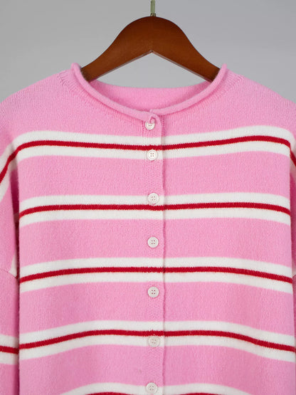 Striped Button-Down Knit Cardigan - Fuchsia Pink - View 9