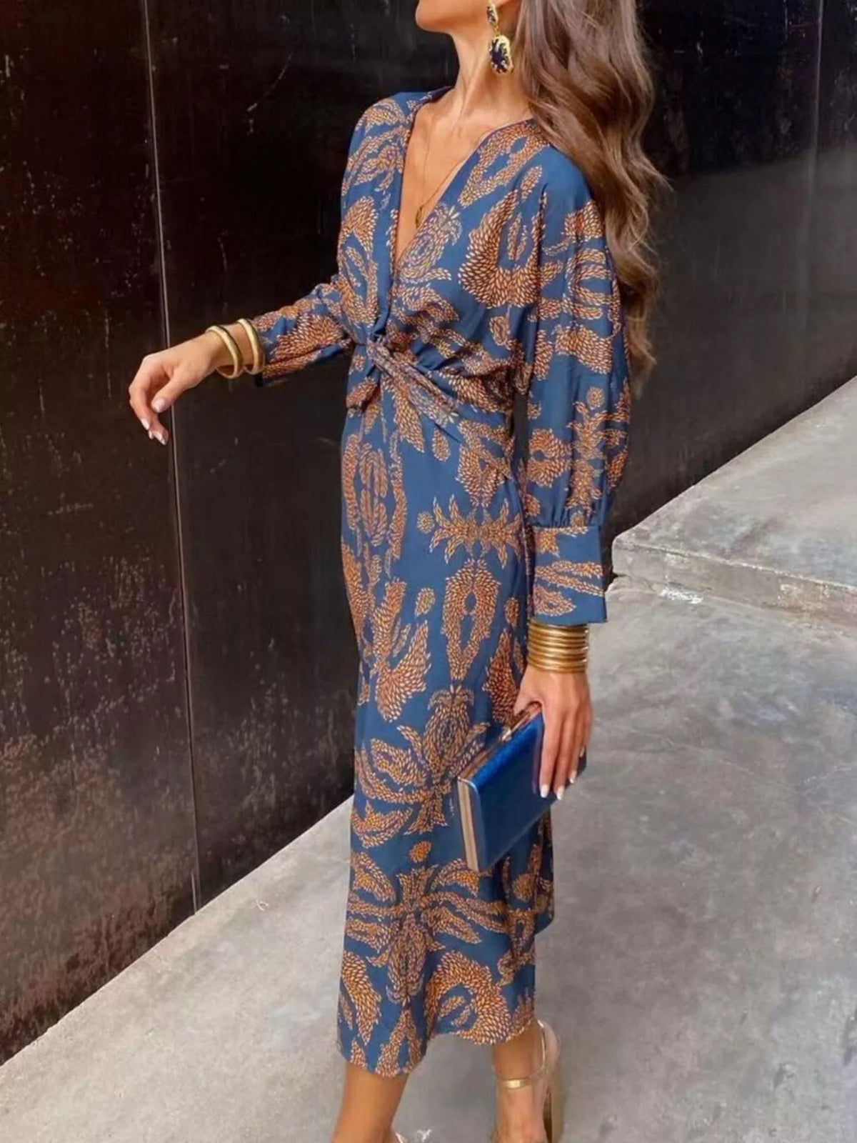 Full Size Printed V-Neck Long Sleeve Twisted Midi Dress Plus Size - Dark Blue - View 2