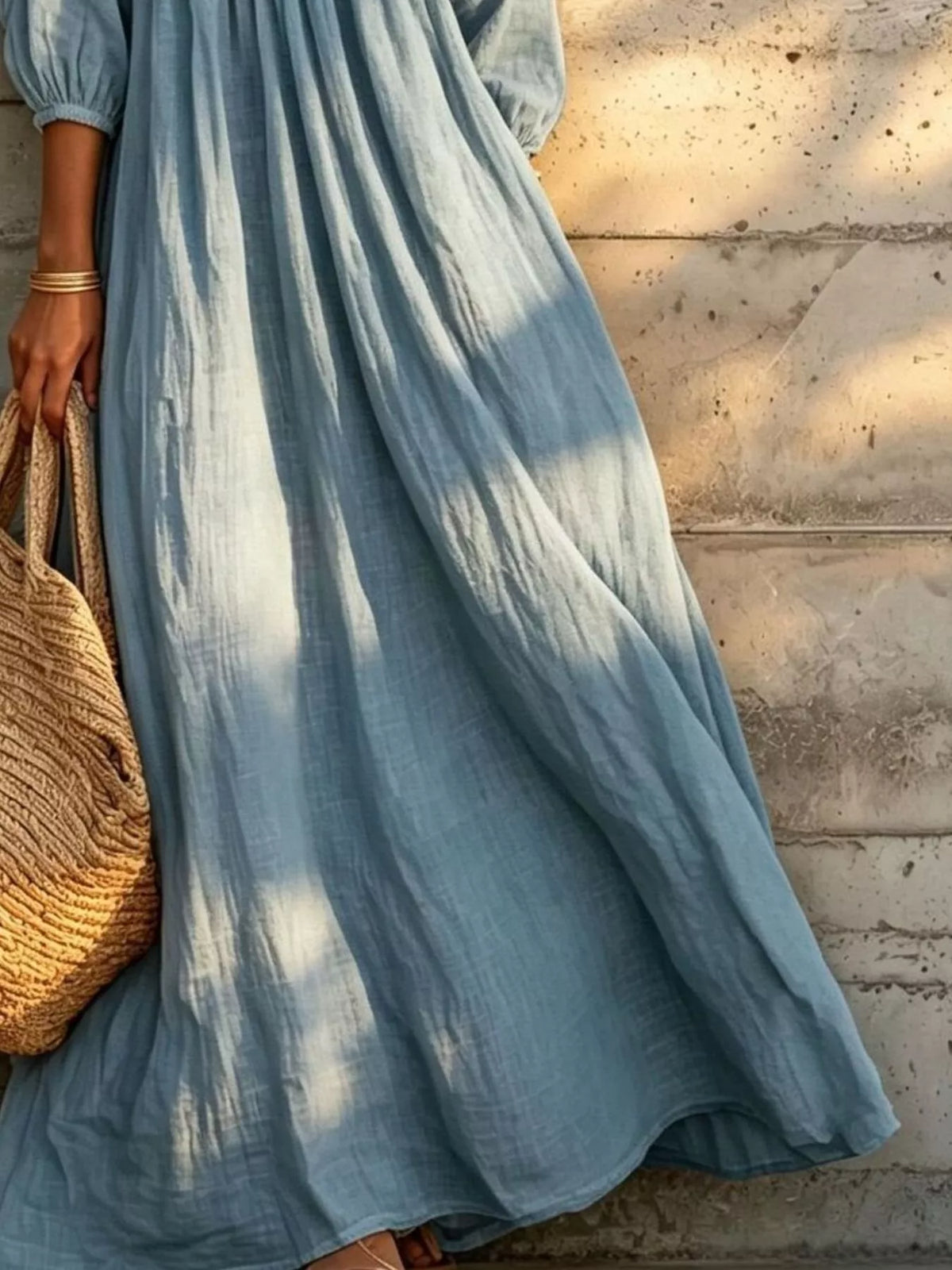 Tiered Notched 3/4 Sleeve Maxi Dress - Light Blue - View 3