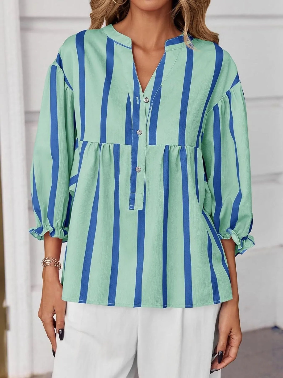 Striped Button Front Notched Blouse - Light Green - View 3