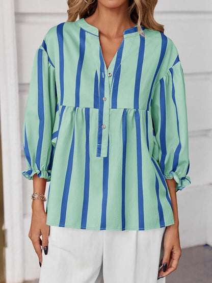 Striped Button Front Notched Blouse - Light Green - View 3
