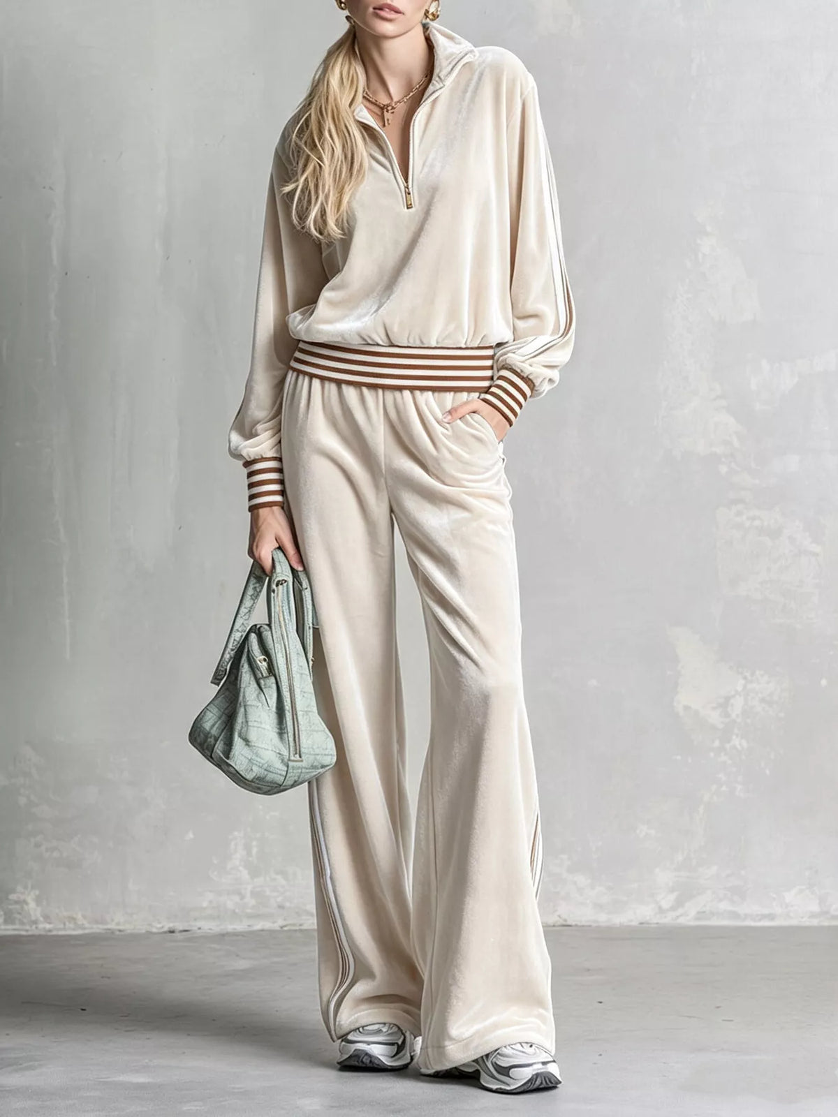 Striped Half Zip Top and Pants Set - Beige - View 1