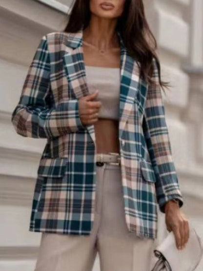 Plaid Lapel Collar Blazer - Turquoise - View 2