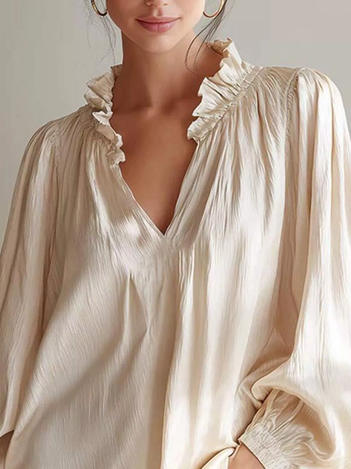 Ruffle Trim Long Sleeves Blouse - Beige - View 2