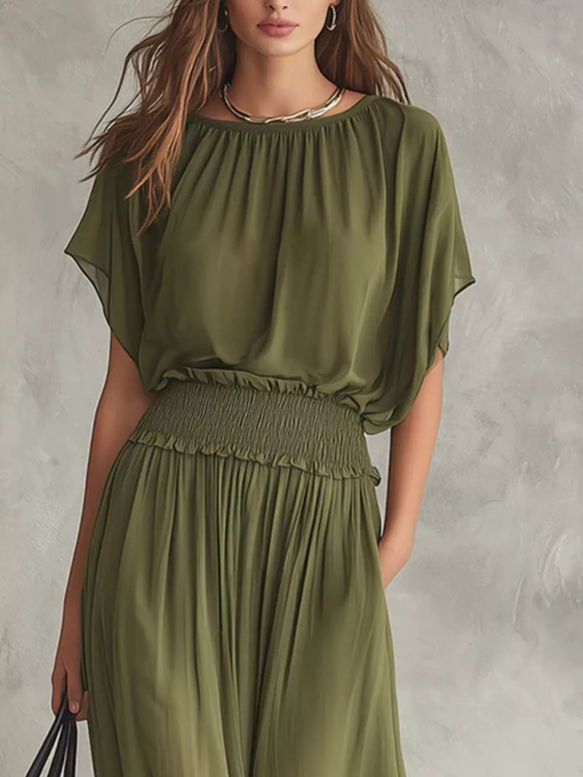 Chiffon Maxi Dress with Smocked Waist - Army Green - View 2