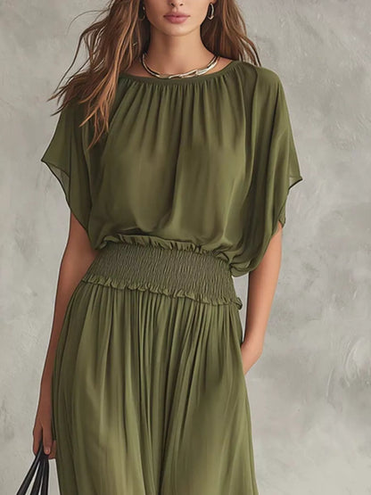 Chiffon Maxi Dress with Smocked Waist - Army Green - View 2