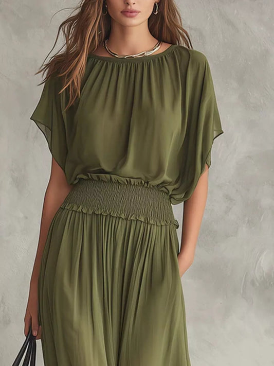 Chiffon Maxi Dress with Smocked Waist - Army Green - View 2