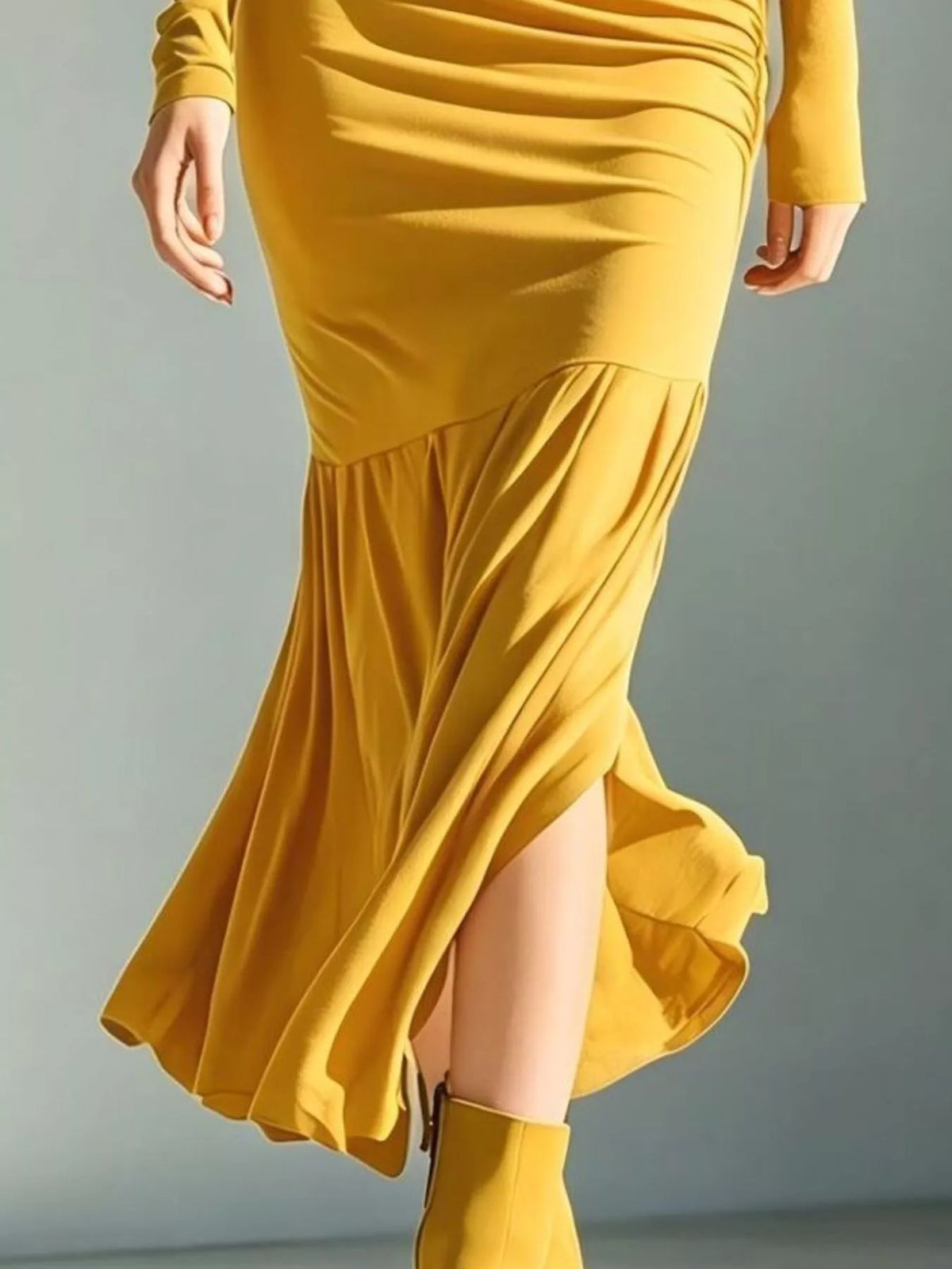 Full Size Slit Turtleneck Ruched Bodycon Mermaid Dress Plus Size - Yellow - View 3