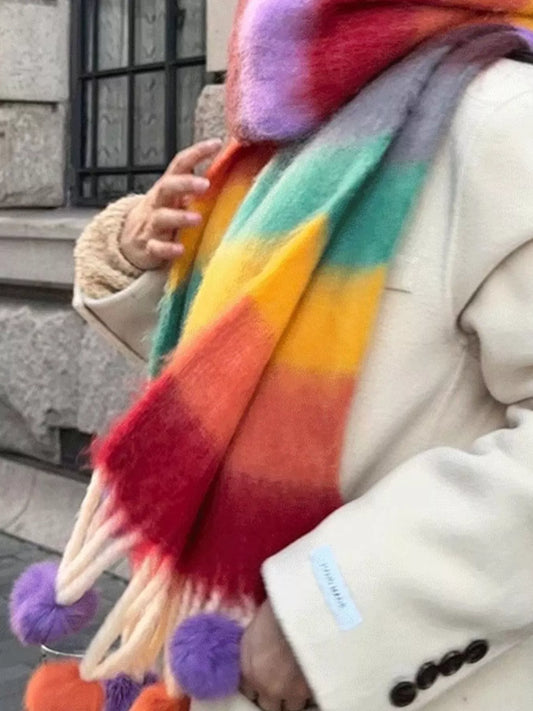Rainbow Striped Fuzzy Scarf with Pom-Poms - Style A - View 2