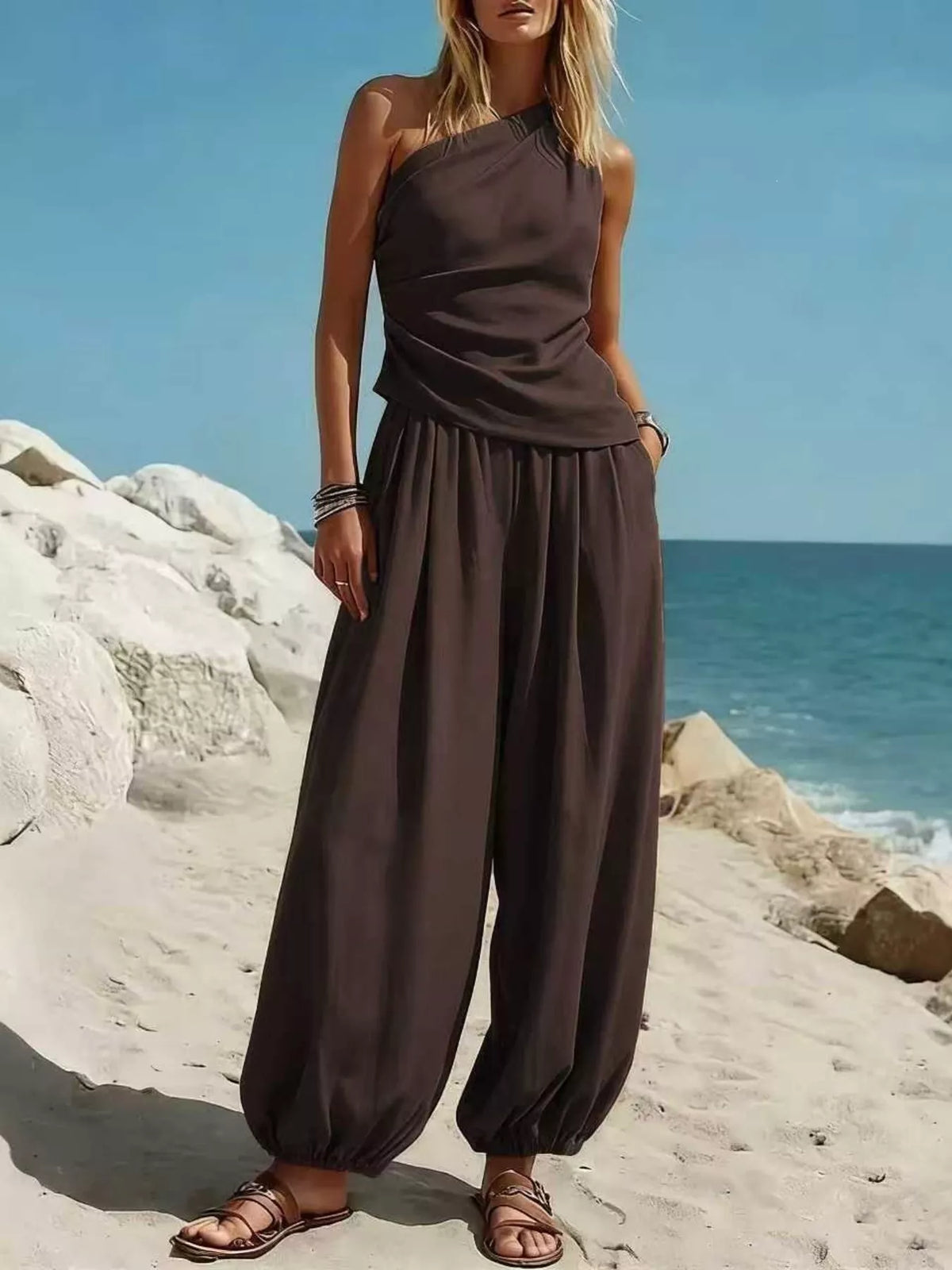 Full Size One-Shoulder Sleeveless Top and Harem Pants Set Plus Size - Brown - View 1