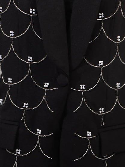 Pearl Detail Long Sleeve Blazer - Black - View 12