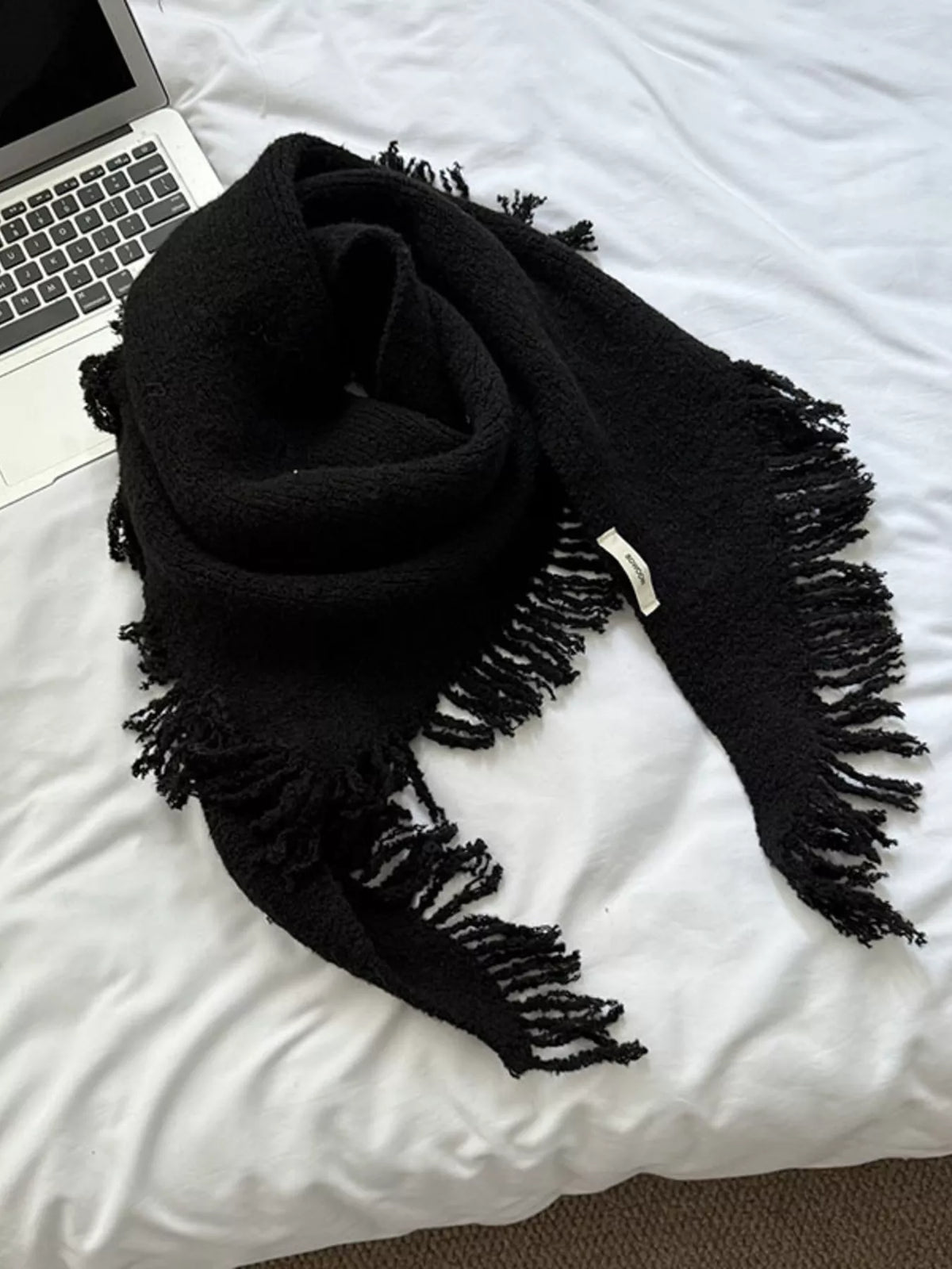 Fringe Trim Knit Scarf - Black - View 3