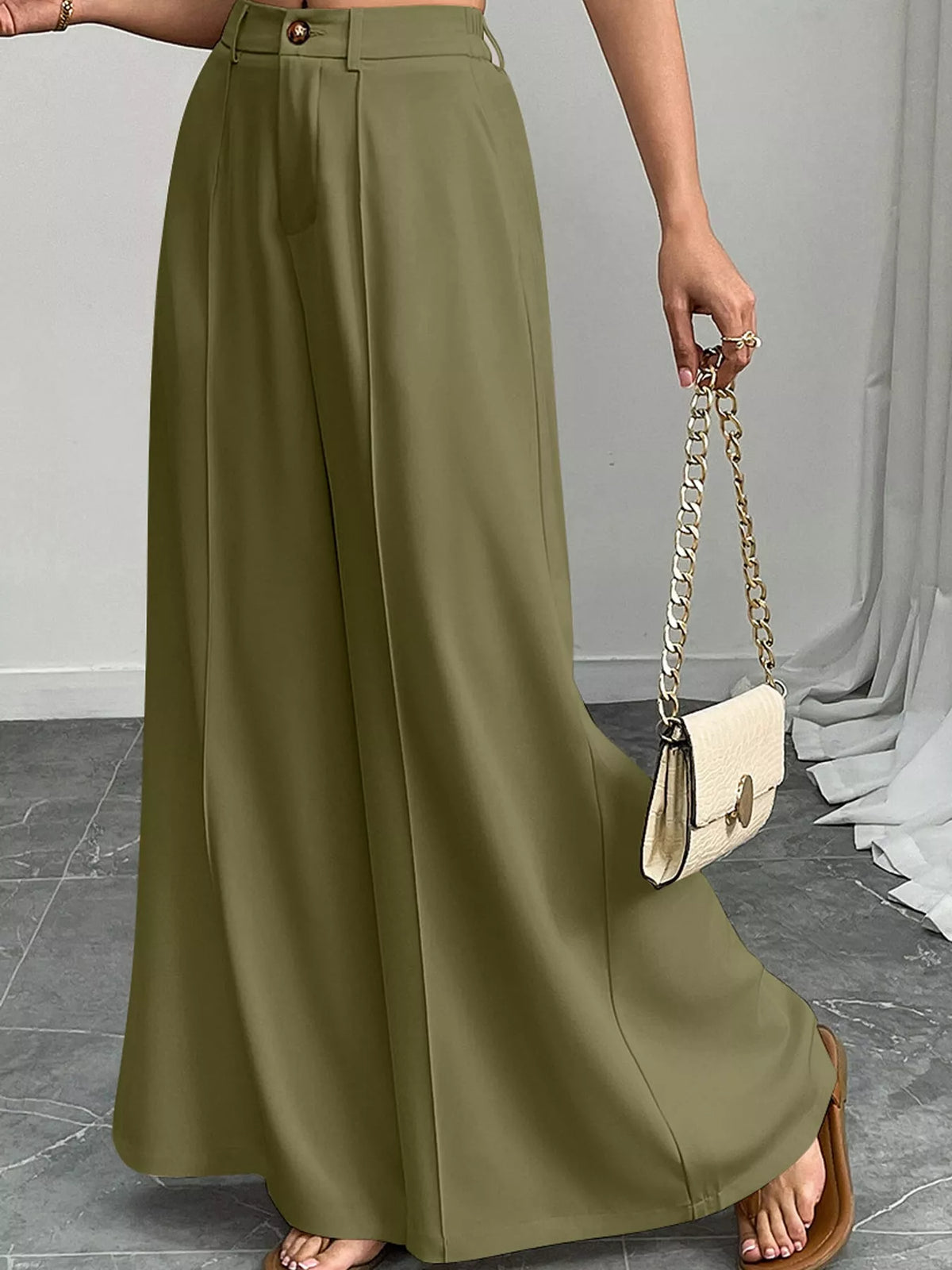 High-Waisted Wide-Leg Pants - Army Green - View 13