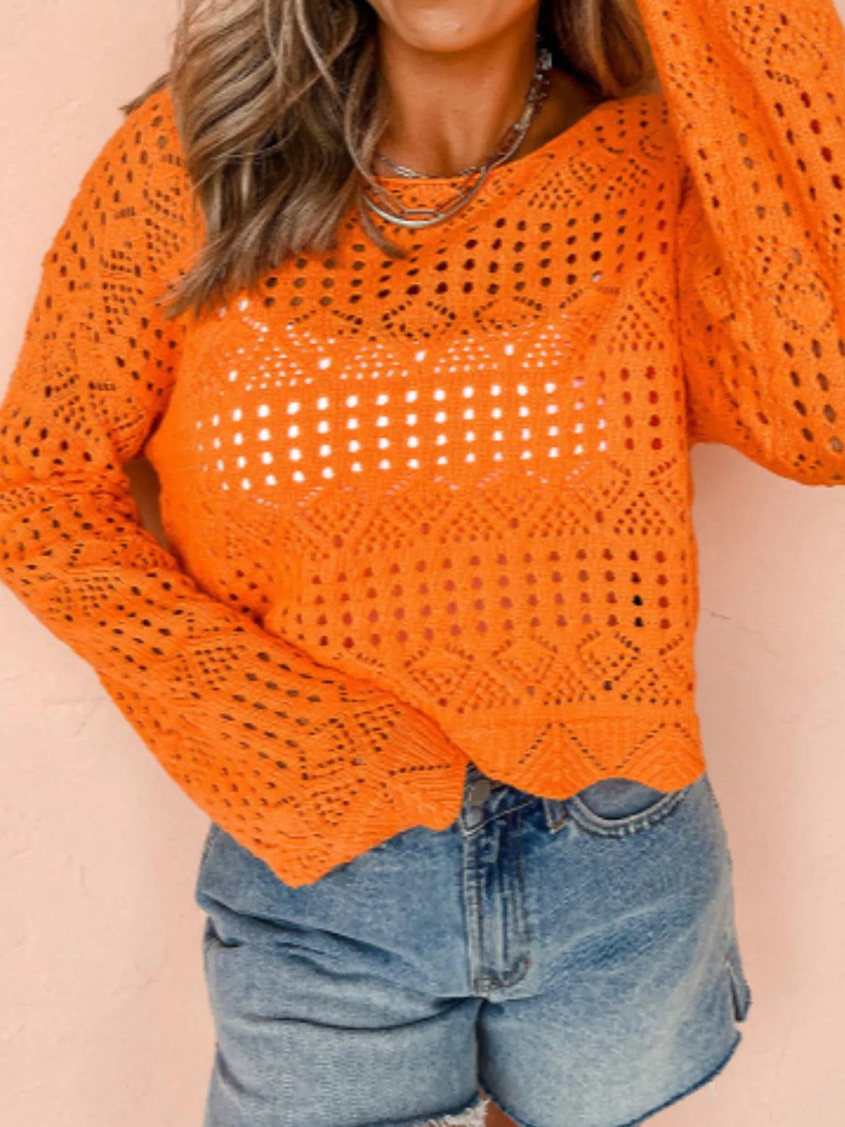 Crochet Boat Neck Knit Cover Up - Orange - View 4