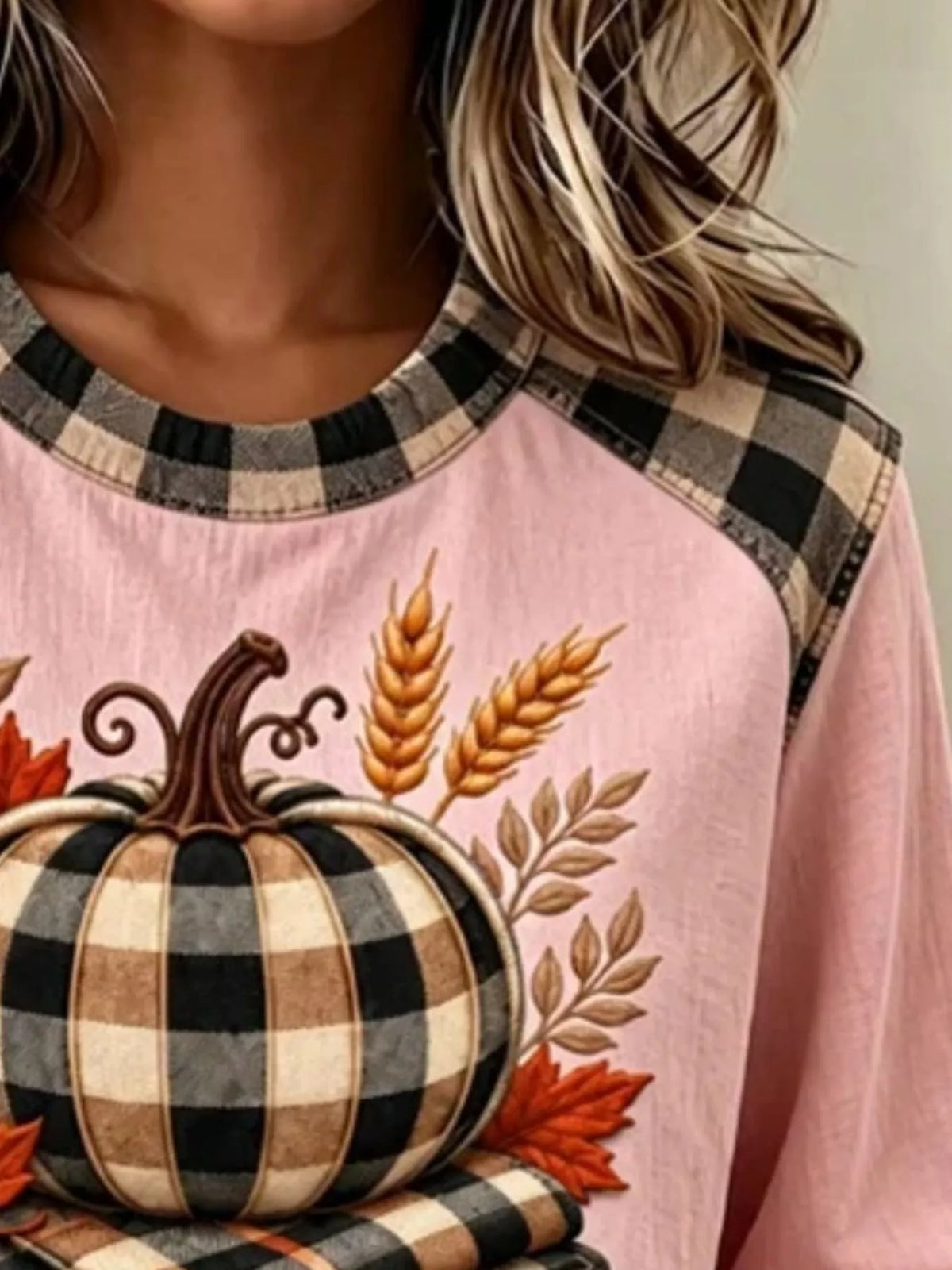 Full Size Pumpkin Plaid Patchwork Long Sleeve Sweatshirt Plus Size - Blush Pink - View 2