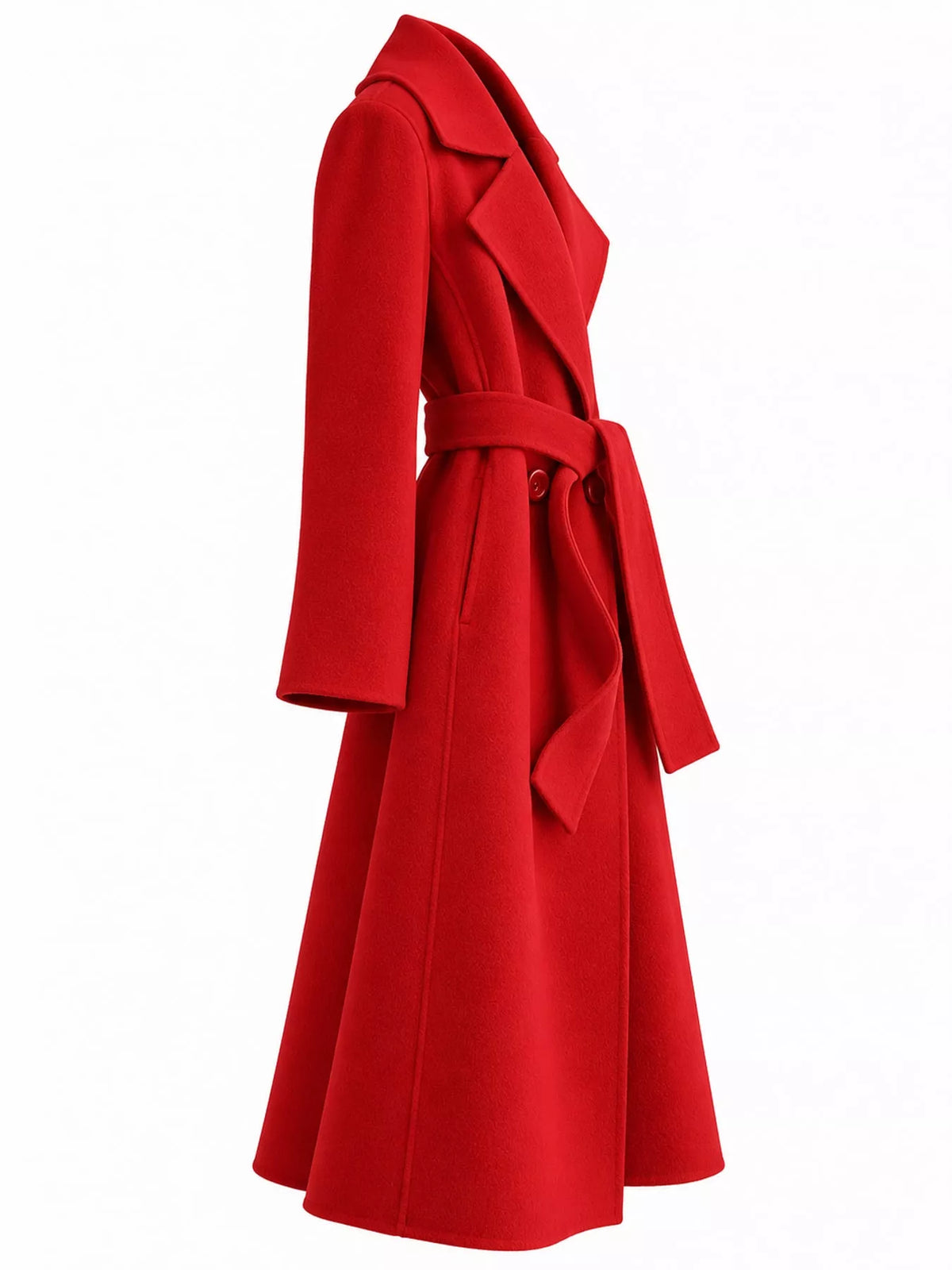 Longline Wool Coat with Waist-Defining Belt - Bright Red - View 7