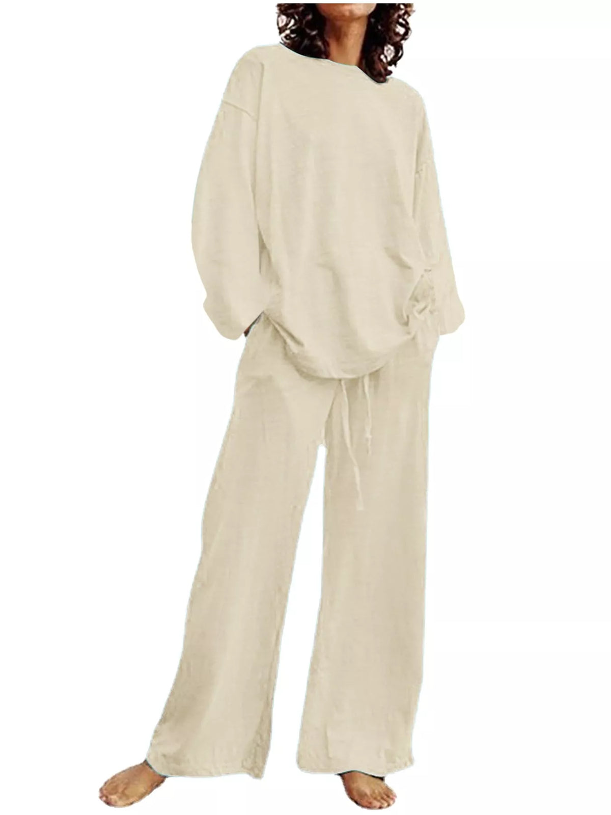 Full Size Round Neck Top and Drawstring Wide-Leg Pants Set Plus Size - Light Brown - View 9