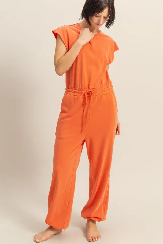 HYFVE Back Keyhole Round Neck Cap Sleeve Drawstring Jumpsuit - Orange - View 1