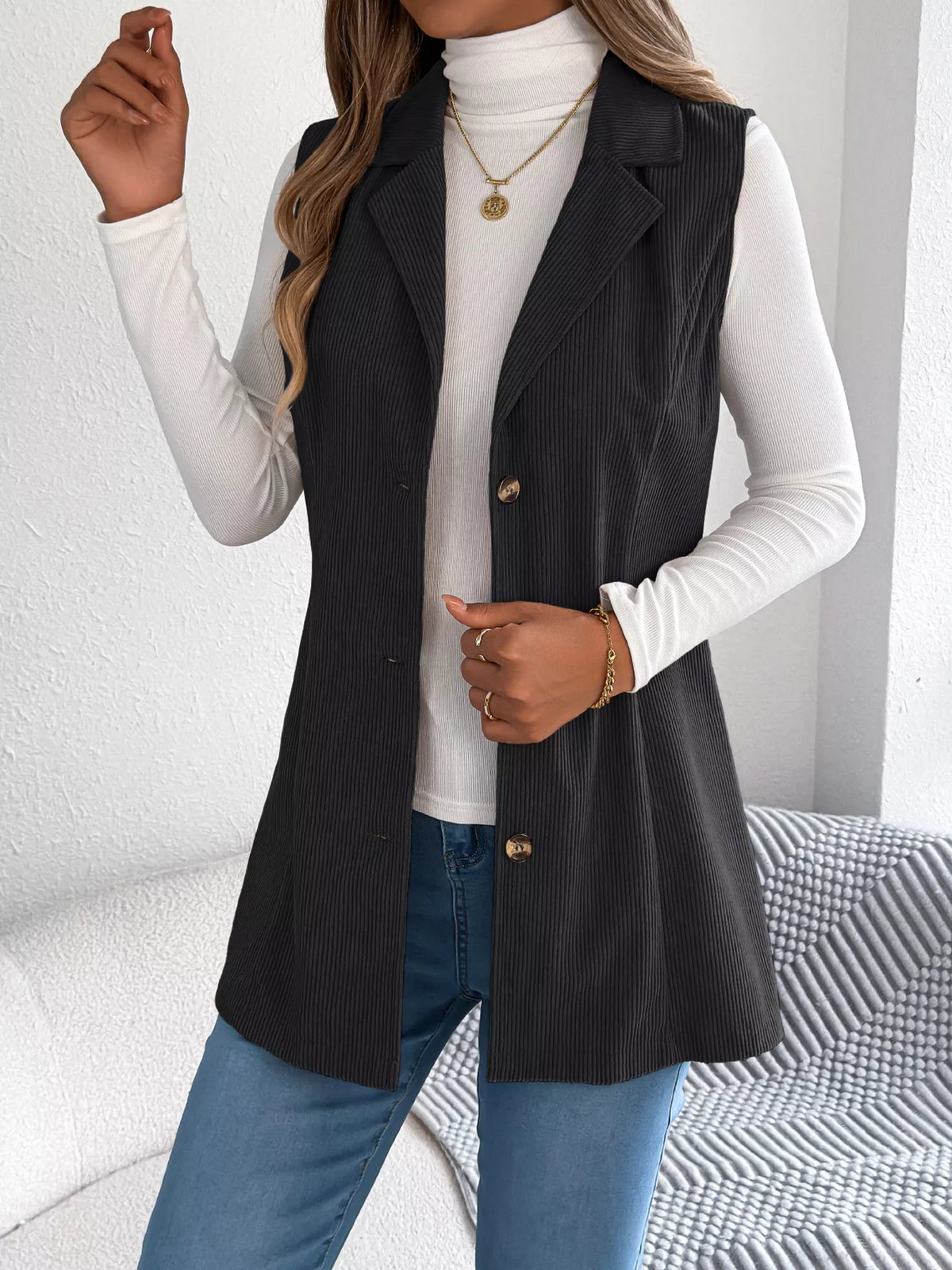 Button-Front Longline Vest Coat - Black - View 15