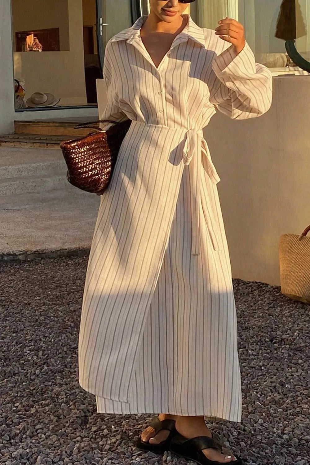 Striped Button-Down Shirt Dress with Waist Tie - White - View 6