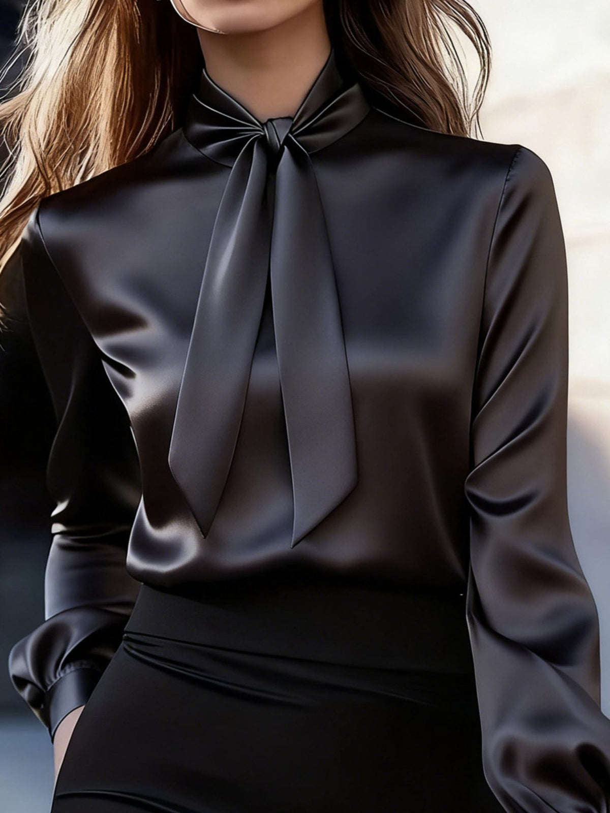 Satin Bow Tie Long Sleeve Blouse - Black - View 2