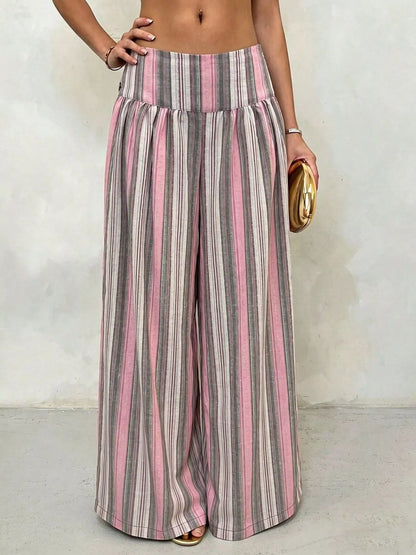 High-Waisted Striped Wide-Leg Casual Pants - Gray Pink Stripes - View 1