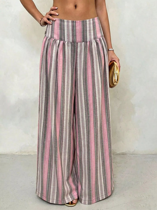 High-Waisted Striped Wide-Leg Casual Pants - Gray Pink Stripes - View 1