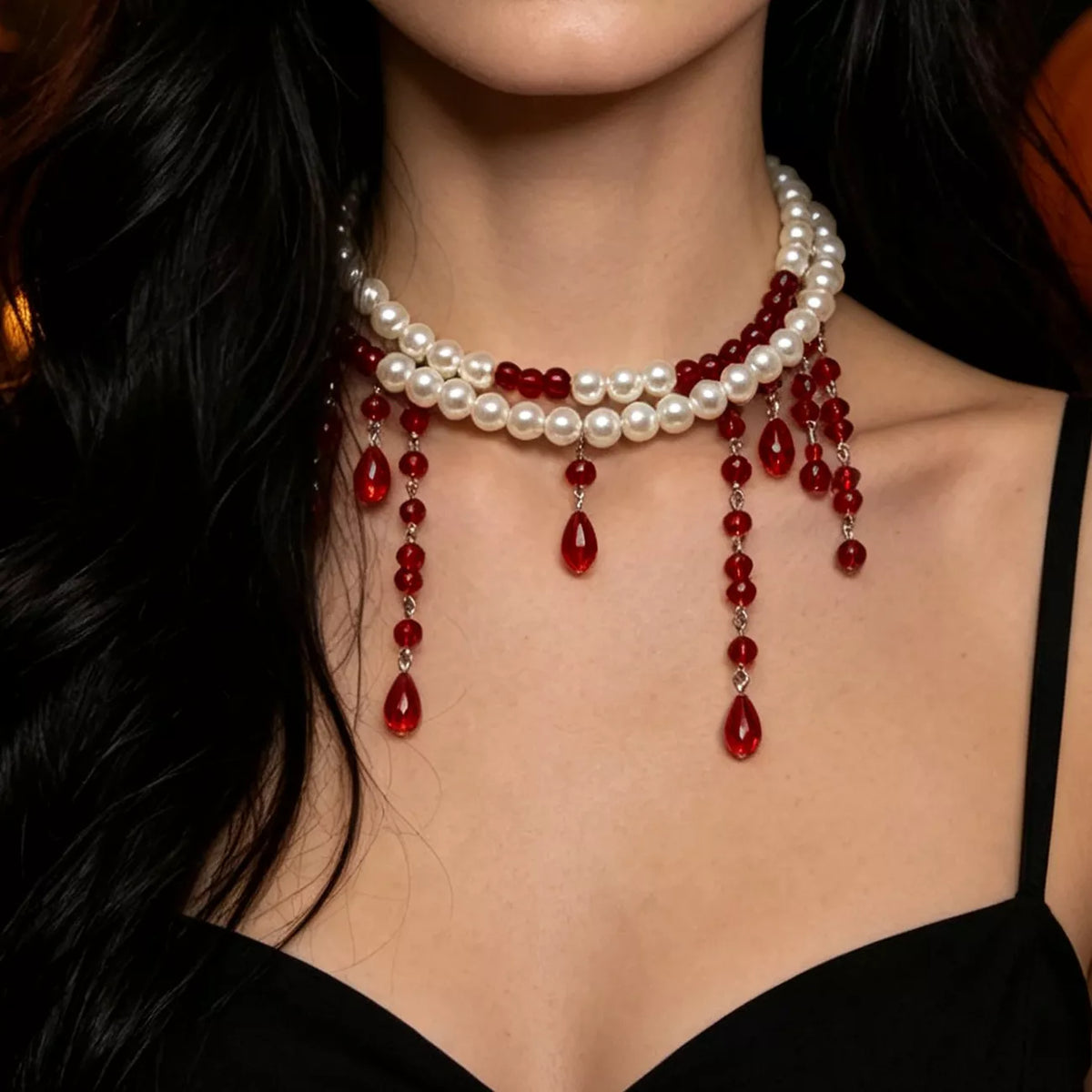 Halloween Pearl Double Layered Choker Necklace - Burgundy - View 5