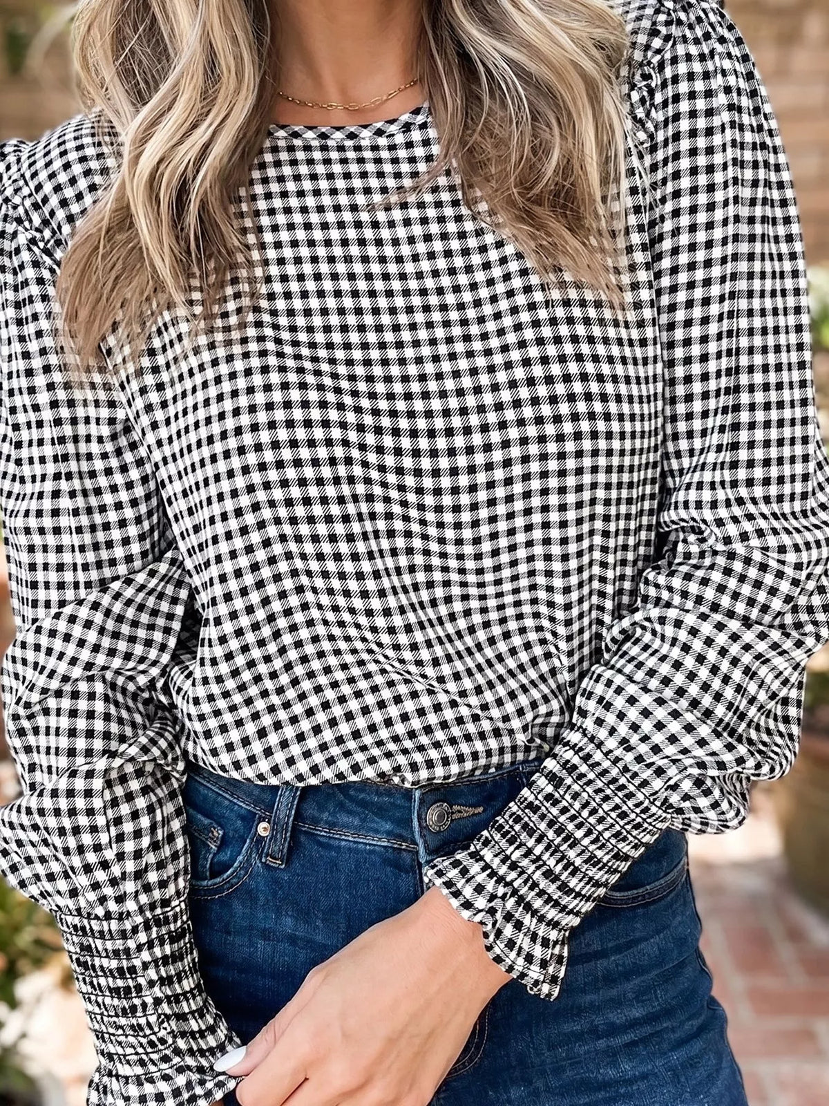 Plaid Shirred Cuff Long Sleeve Round Neck Blouse - Black - View 4