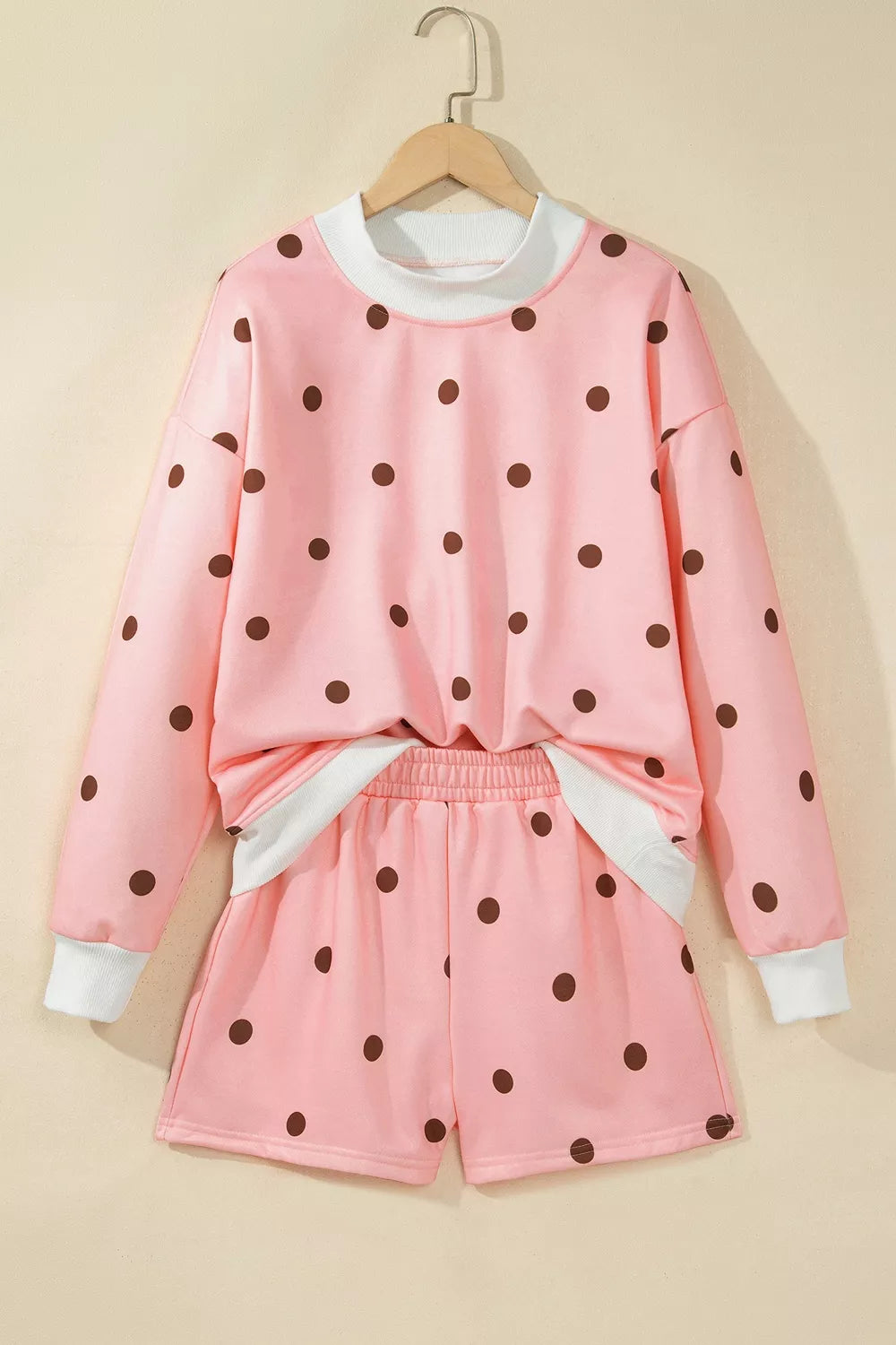 Polka Dot Long Sleeve Sweatshirt and Shorts Lounge Set - Pale Blush - View 3