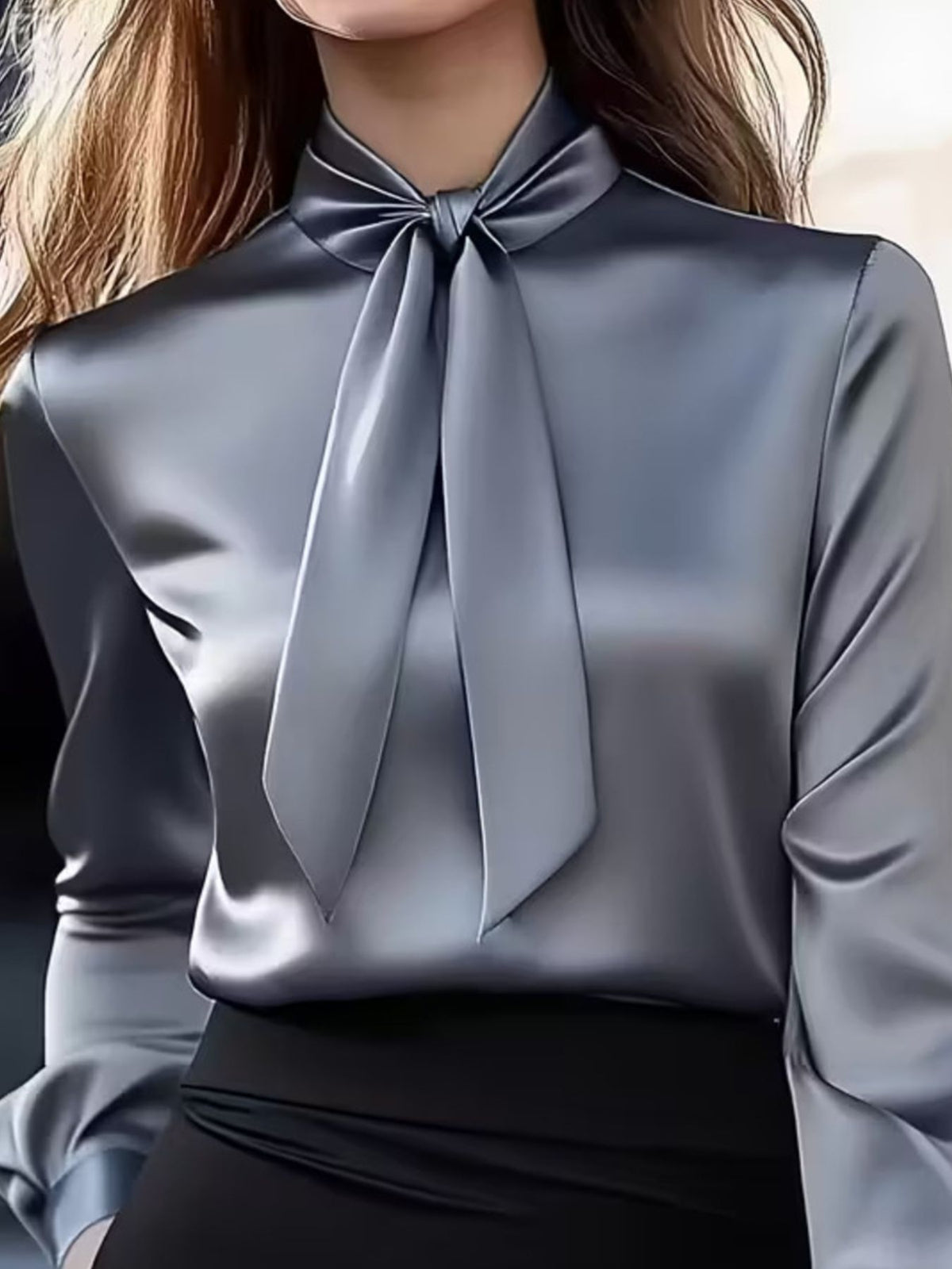 Satin Bow Tie Long Sleeve Blouse - Gray - View 8