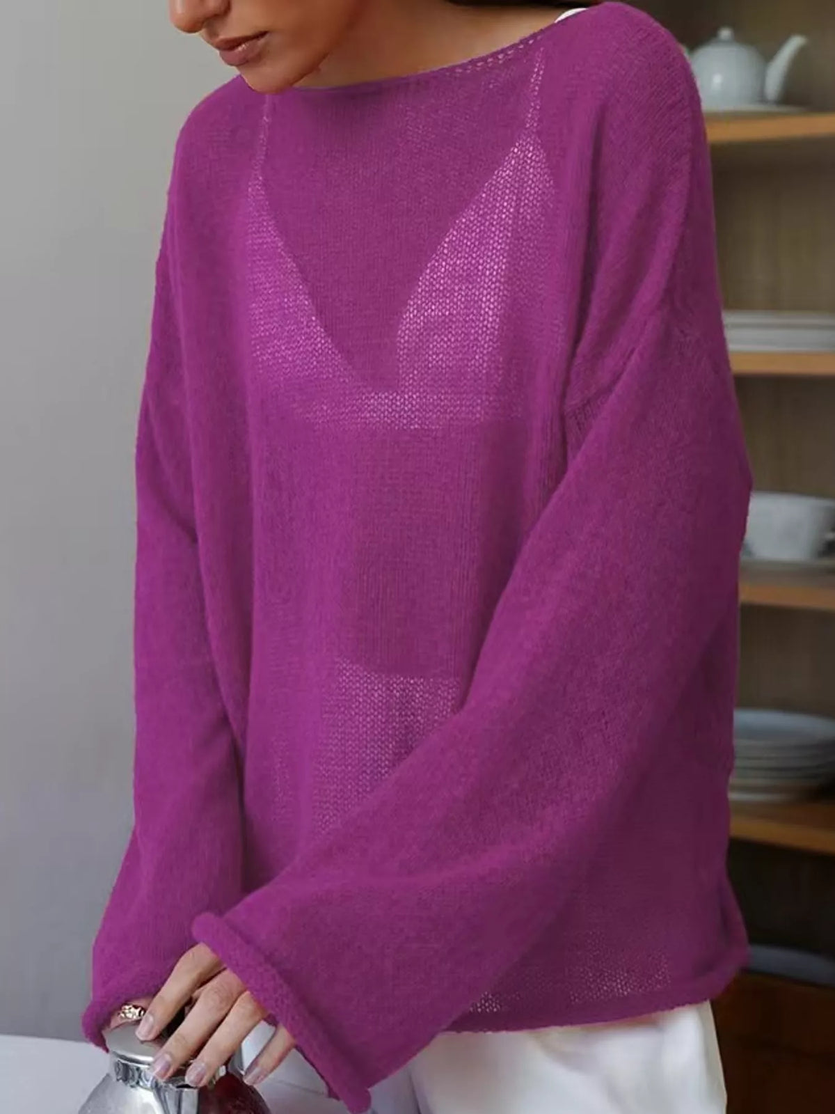 Full Size Sheer Lightweight Knit Top Plus Size - Purple - View 51