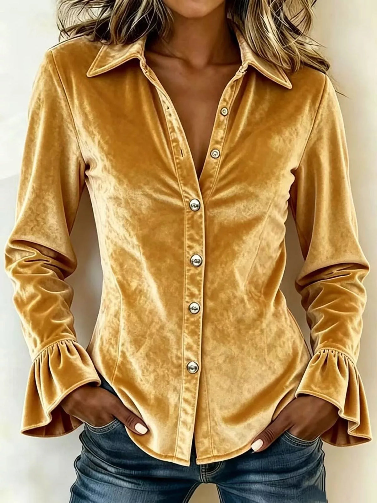 Velvet Button-Down Flounce Sleeve Shirt - Gold - View 1