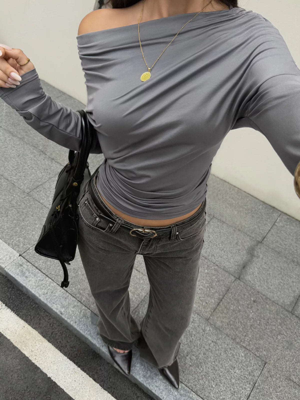 Ruched Long Sleeve Slim Fit T-Shirt - Dark Gray - View 4