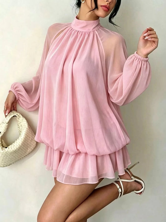 Mock Neck Sheer Chiffon Mini Dress - Dusty Pink - View 1