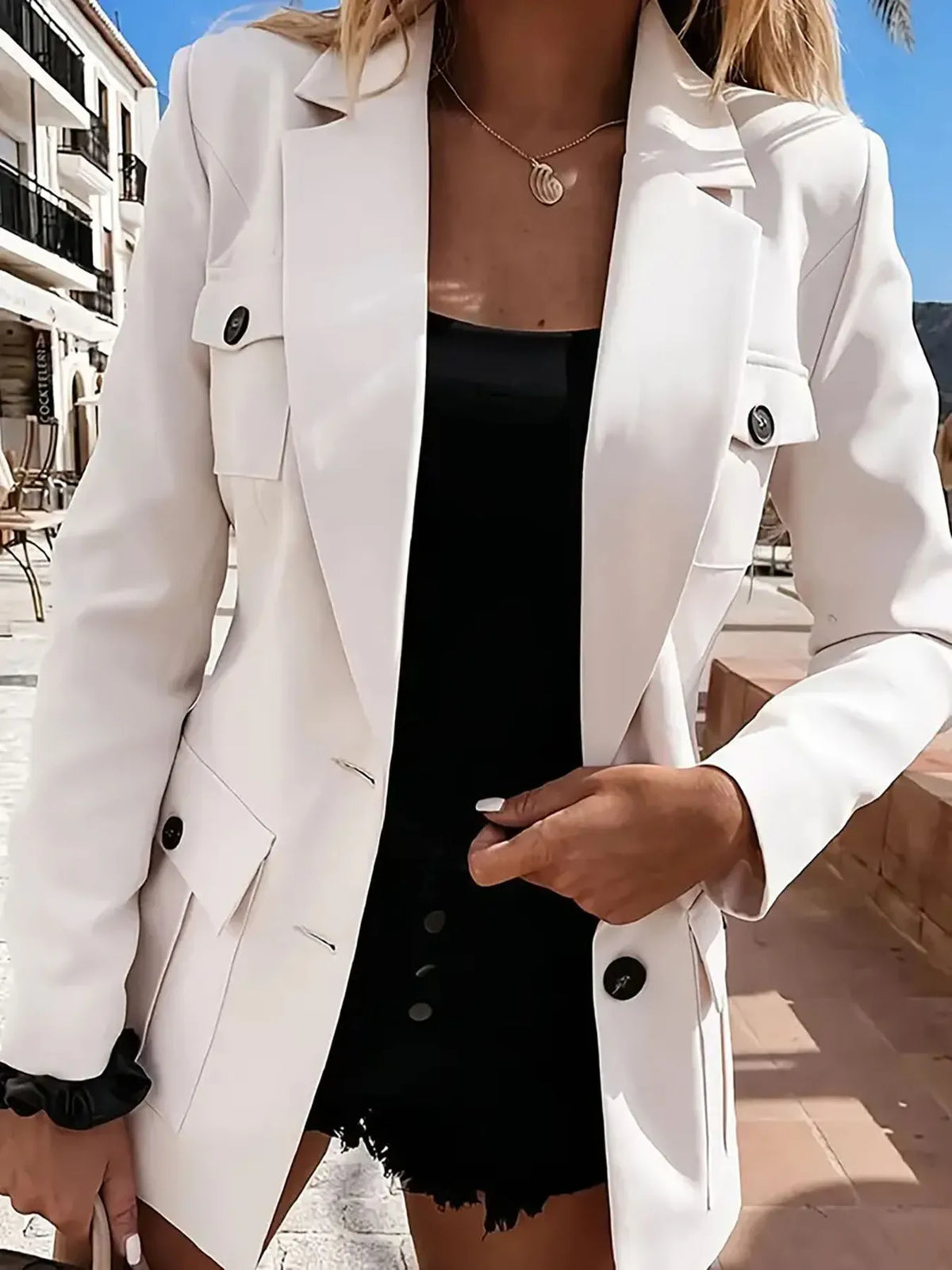 Lapel Collar Long Sleeve Blazer - White - View 6
