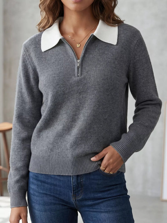 Contrast Collar Quarter Zip Sweater - Grey - View 1