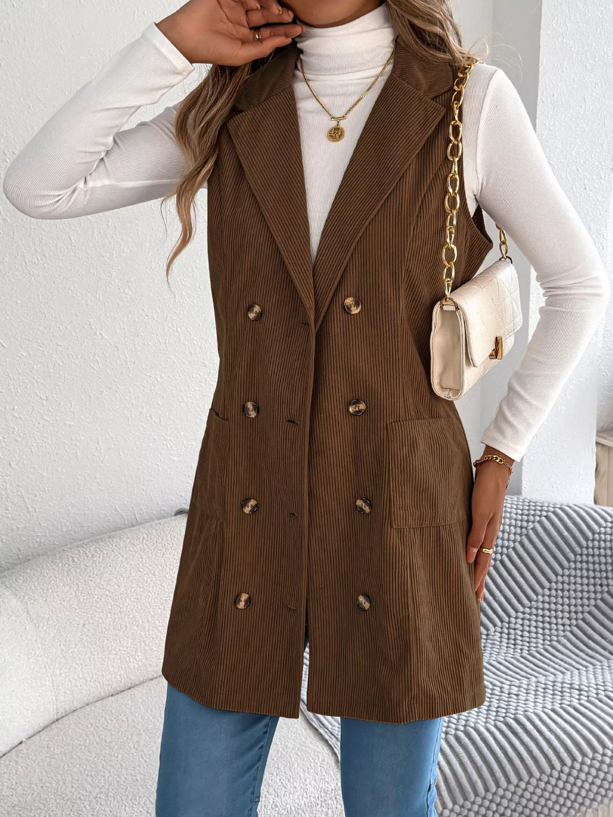 Double-Breasted Long Vest Coat - Coffee Brown - View 12