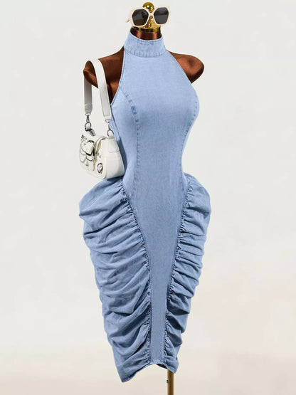 Sleeveless Mock Neck Ruched Bodycon Denim Dress - Blue - View 1