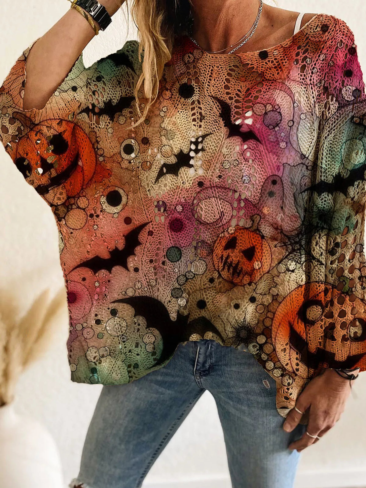 Full Size Halloween Pumpkin Loose Knit Cover Up Plus Size - Green - View 1
