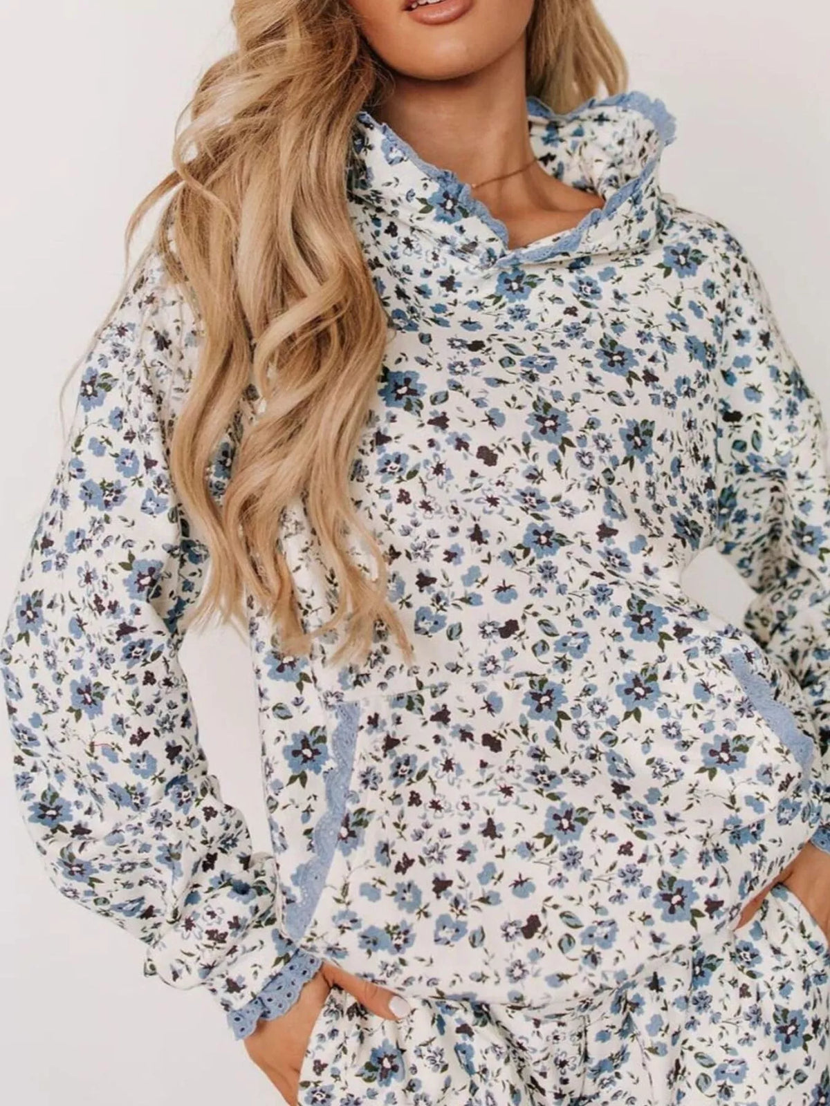 Lace Trim Kangaroo Pocket Hoodie - Floral - View 1