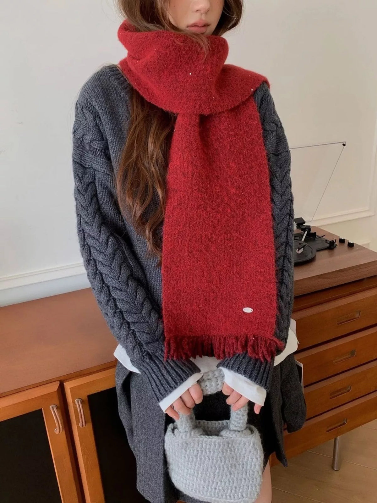 Fringe Hem Knitted Scarf - Red - View 5
