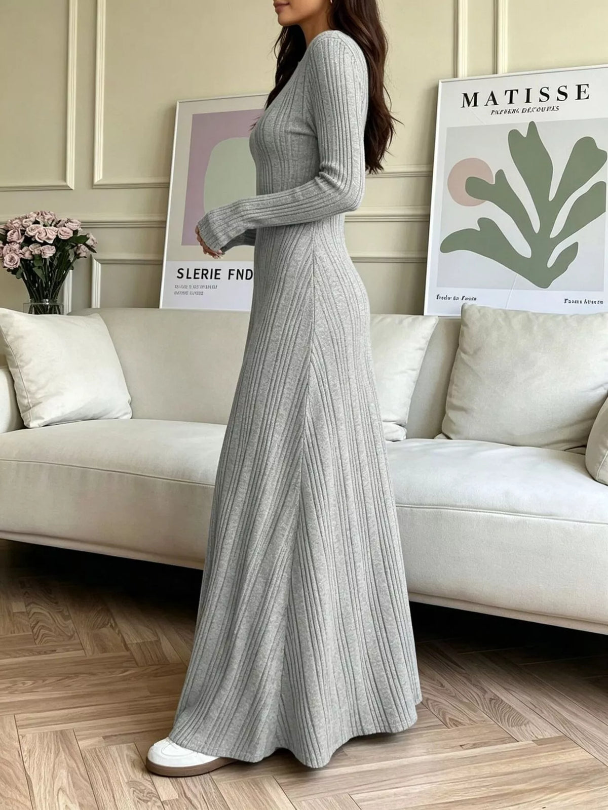 Long Sleeve Ribbed Knit Dress - Gray - View 2