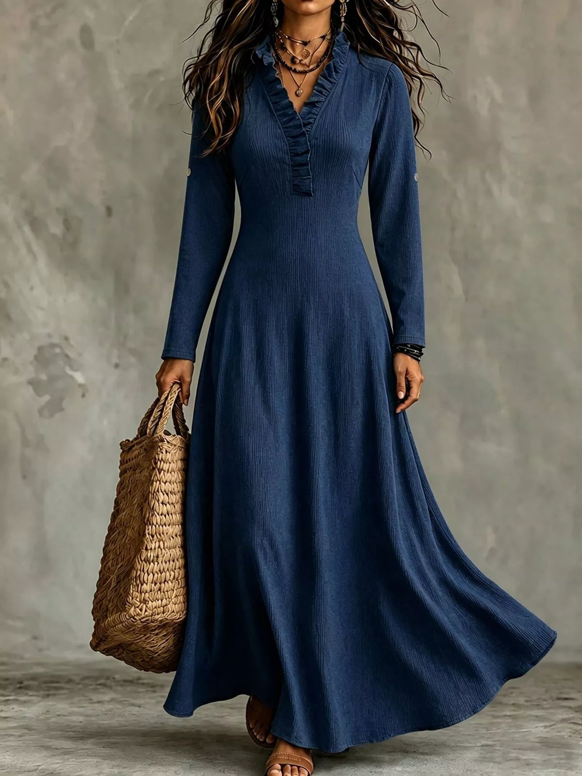 Full Size V-Neck Maxi Dress with Roll-Up Sleeves Plus Size - Dark Blue - View 1