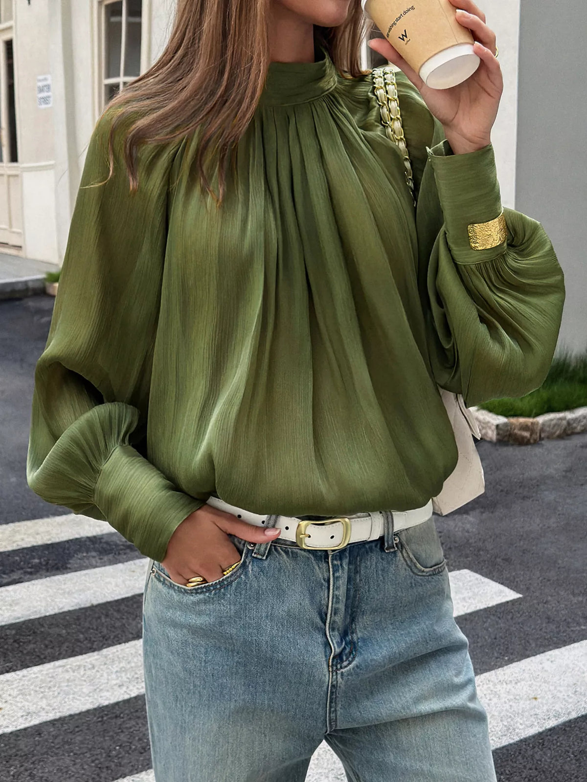 Mock Neck Lantern Sleeves Blouse - Green - View 1