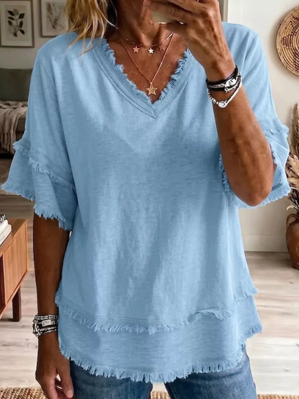 Full Size Frayed Edge V-Neck Blouse Plus Size - Light Blue - View 1