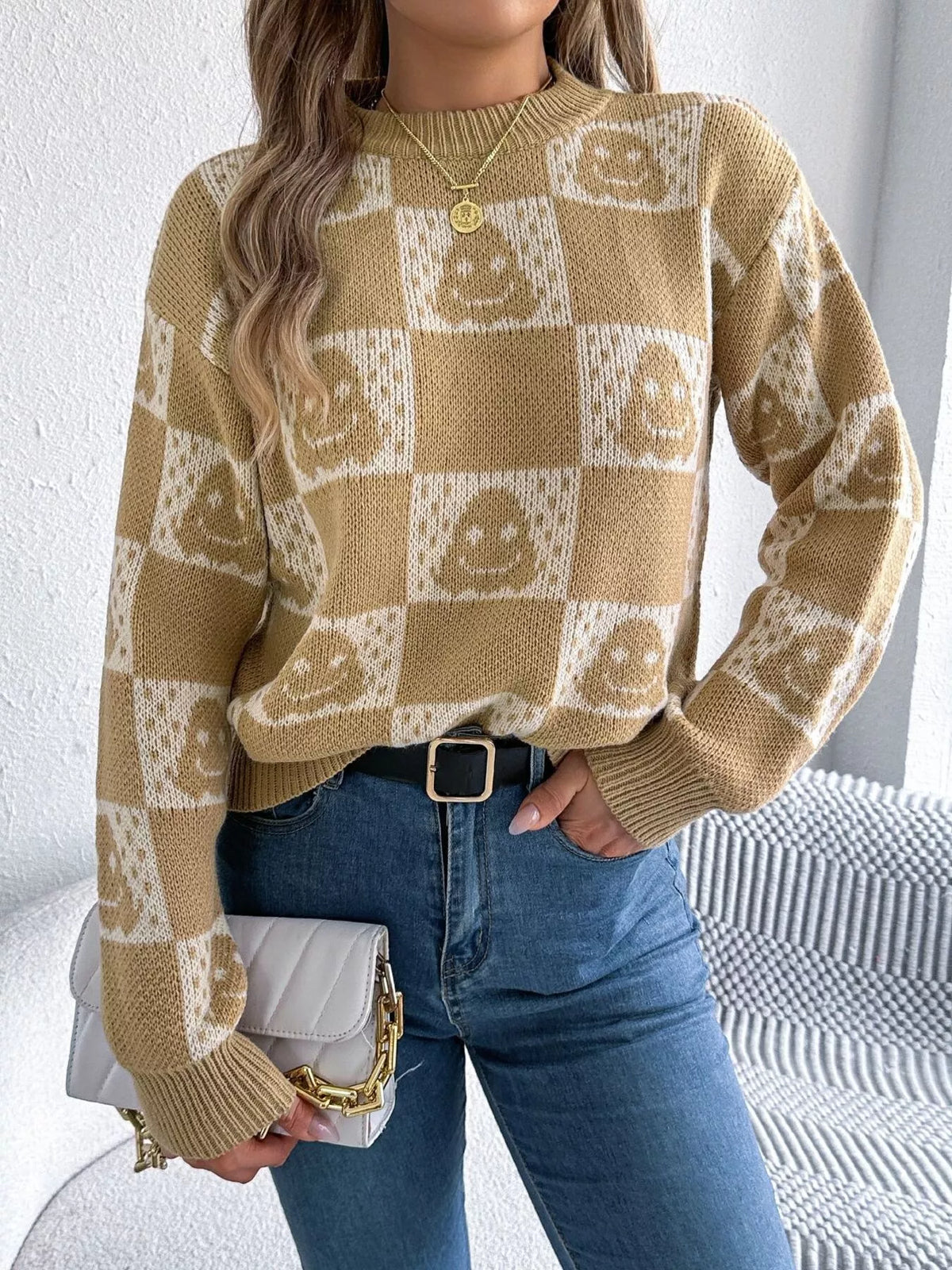 Checkerboard Halloween Graphic Sweater - Khaki - View 7