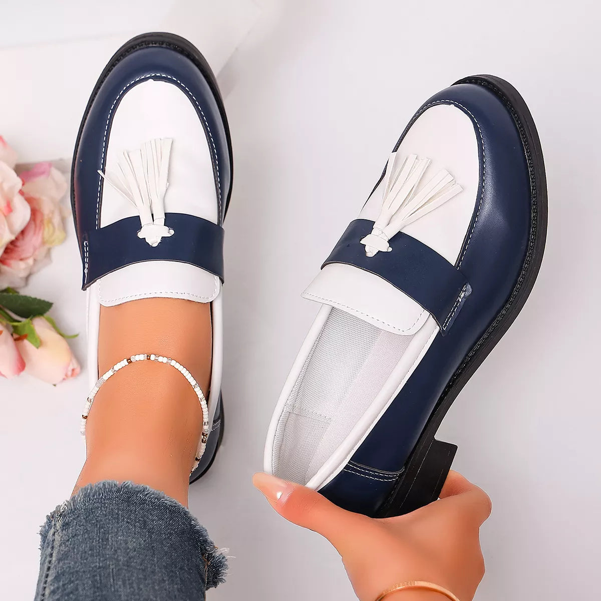 Round Toe Block Heels Loafers - Blue - View 7