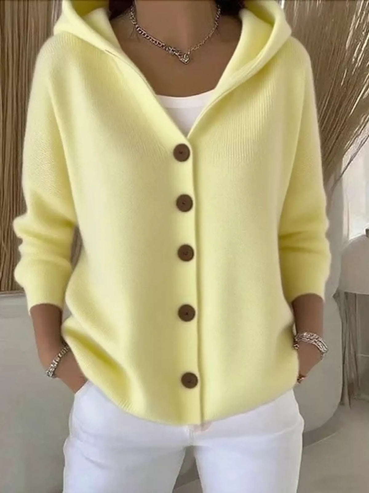 Full Size Hooded Button-Down Knit Cardigan Plus Size - Light Yellow - View 24