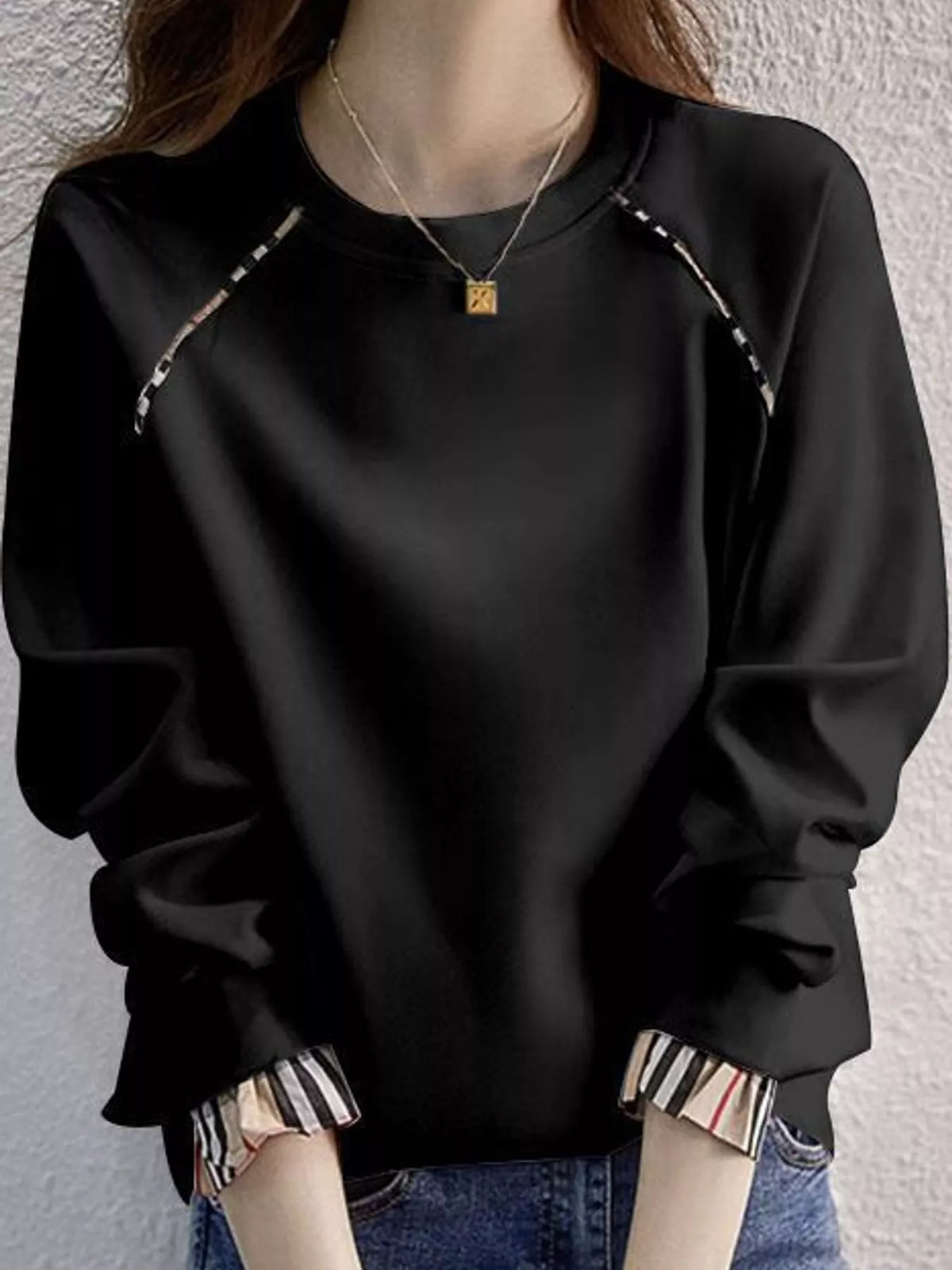 Plaid-Trimmed Crew Neck Sweatshirt - Black-Plain - View 14
